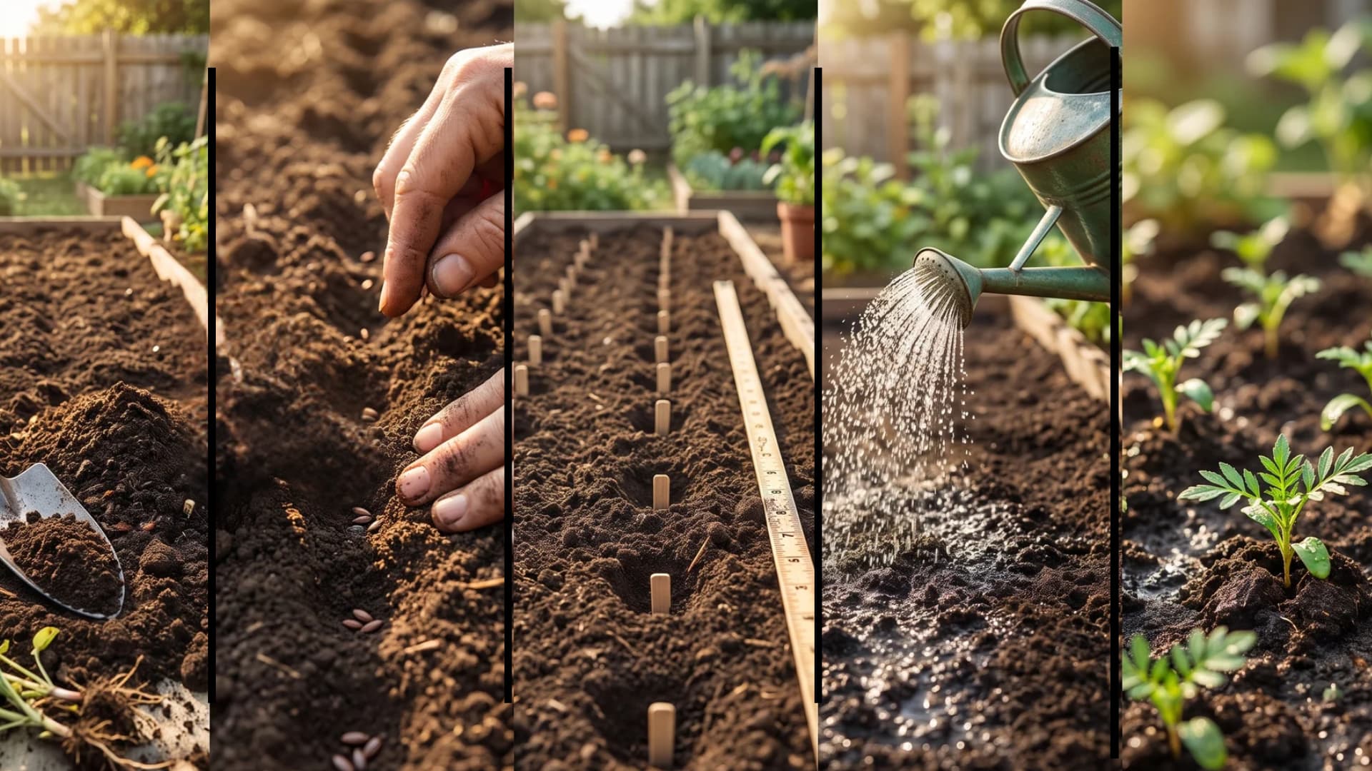 Five-panel collage showing outdoor marigold planting steps, from soil preparation and sowing to watering seedlings.