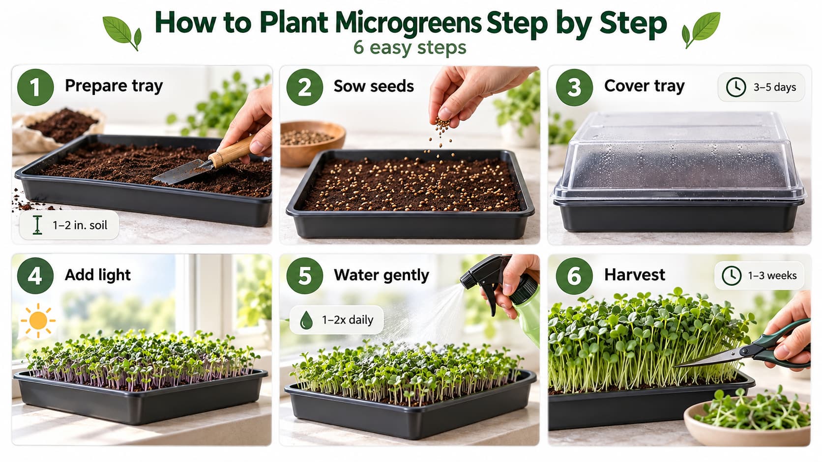 A six-step visual guide demonstrating how to plant microgreens from tray preparation to harvest.
