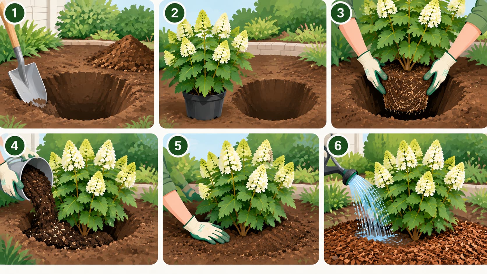 Six-step visual guide showing how to plant an oakleaf hydrangea, including digging the hole, placing the root ball, backfilling soil, and watering.