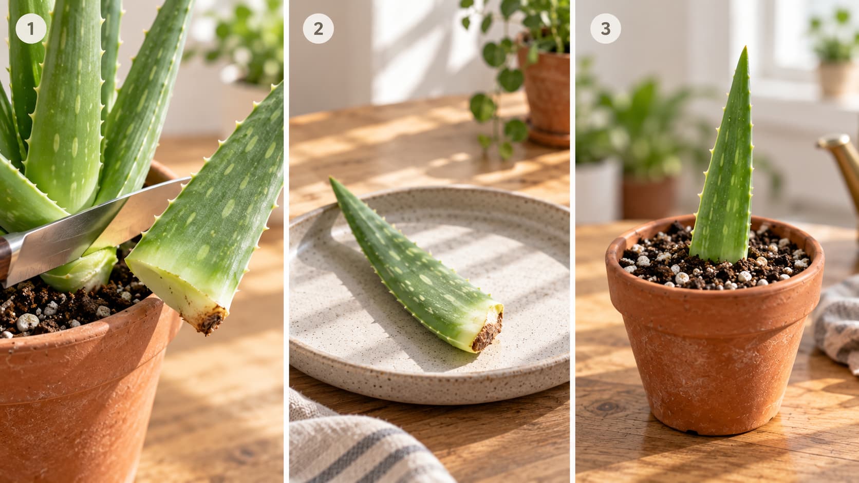 Three-step process showing how to propagate aloe vera from a leaf cutting, including cutting near the base, callusing, and potting in soil.