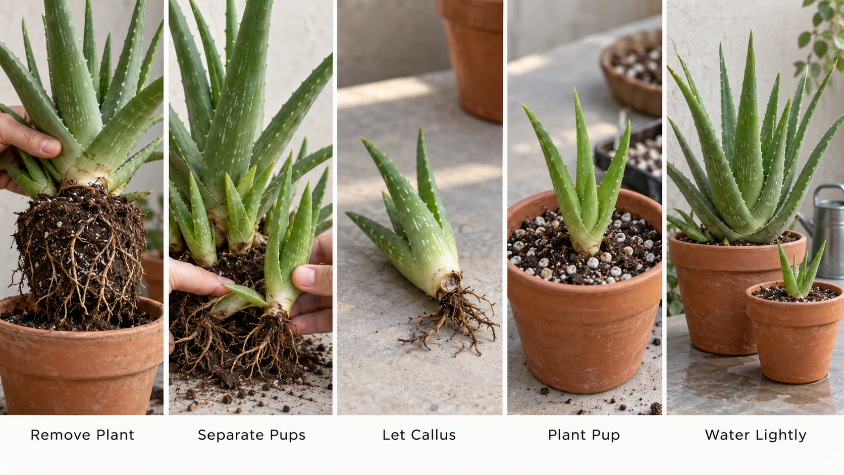 Five-step visual guide showing how to propagate aloe vera pups from unpotting to light watering.