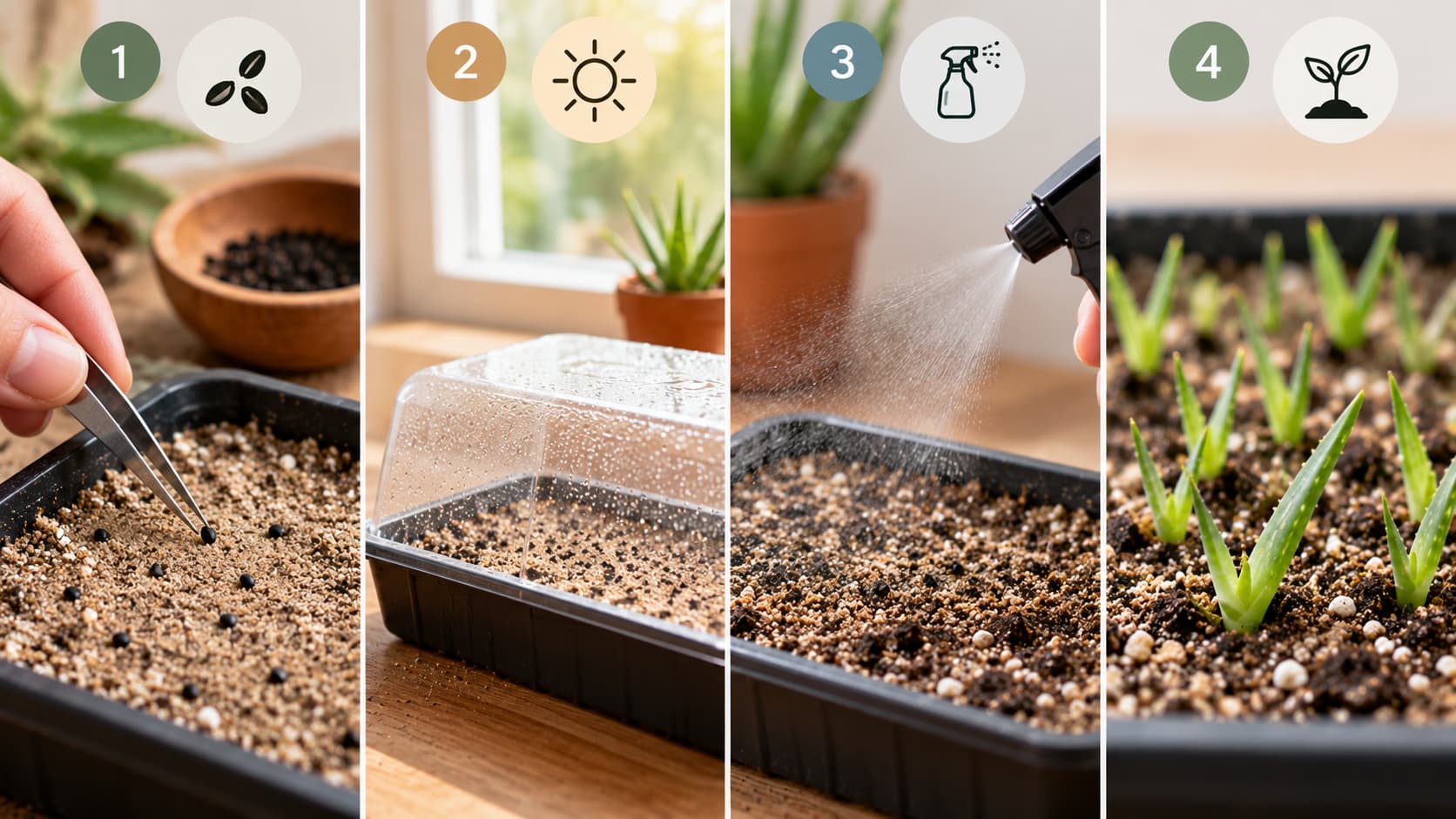 Four-step visual guide showing how to propagate aloe vera from seed, including sowing, warmth, misting, and seedling growth.
