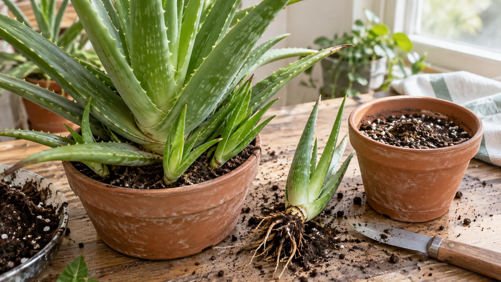 Potted aloe vera plant on a wooden workbench next to a small pup seedling ready for propagation.