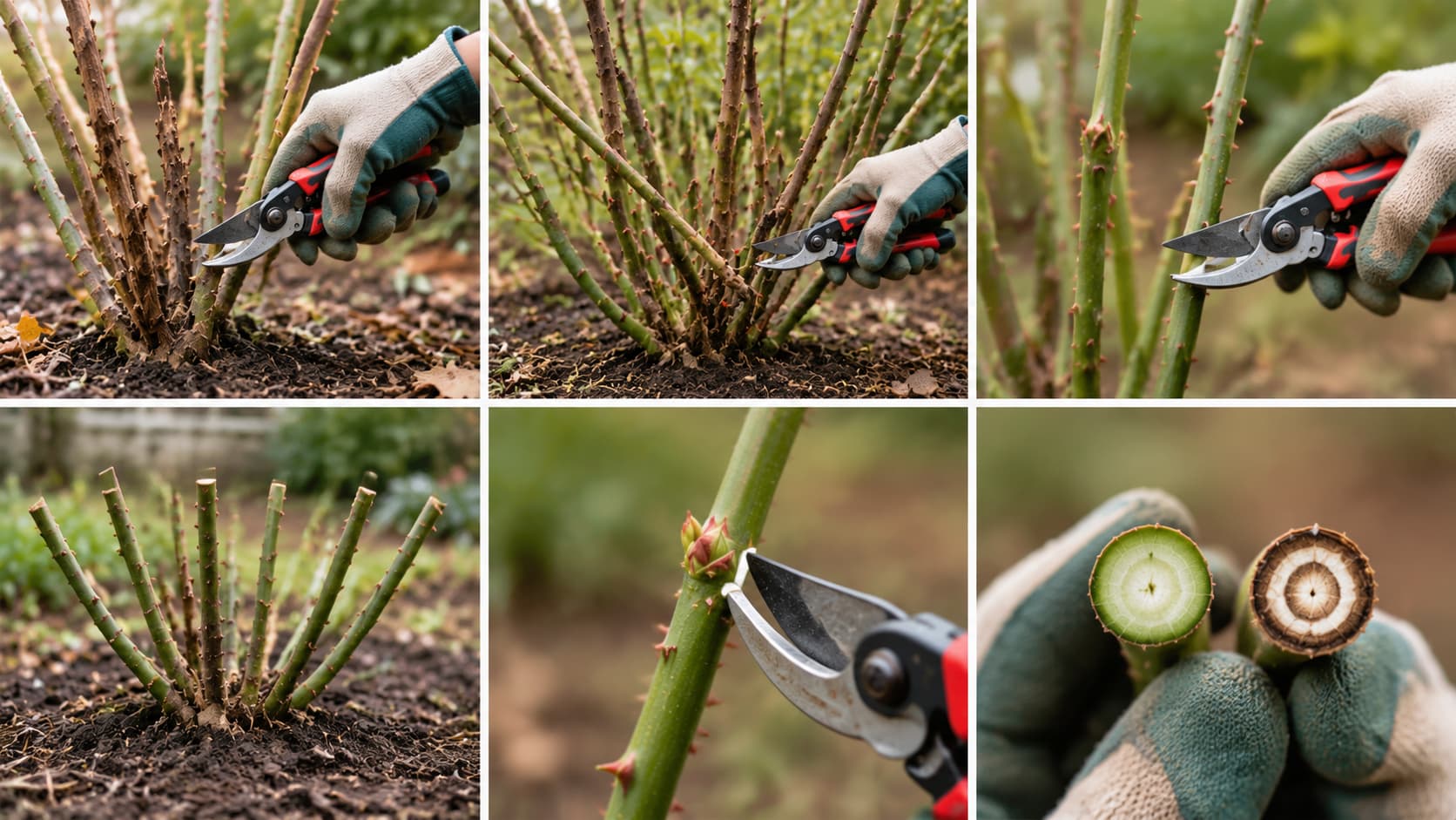A six-panel step-by-step guide showing how to prune rose canes using hand pruners.