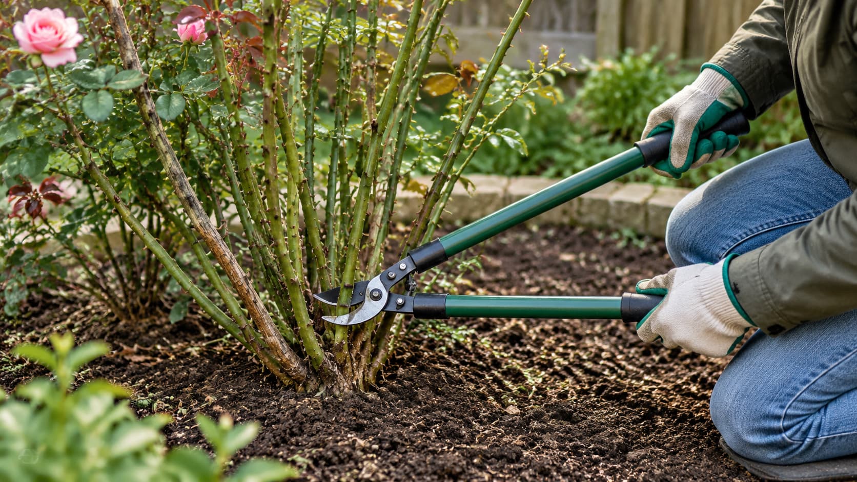 A gardener using long-handled pruners to trim a rose bush near the base.