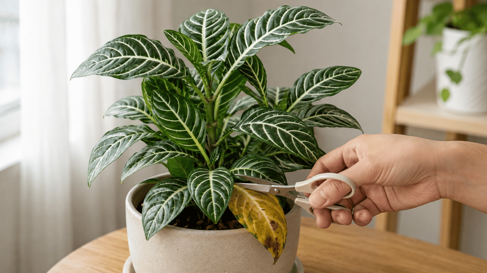 hand pruning a yellow leaf from a healthy zebra plant with small scissors indoors