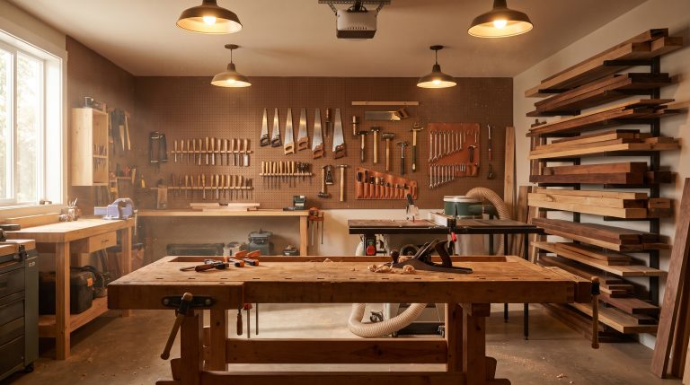 Woodworking studio with tools on walls and wooden planks stacked, under warm lighting