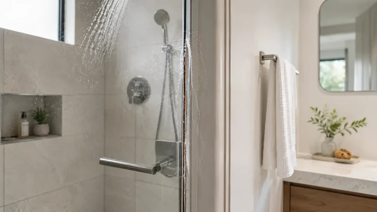 Showerhead spraying water in modern bathroom with tiled walls and glass door enclosure
