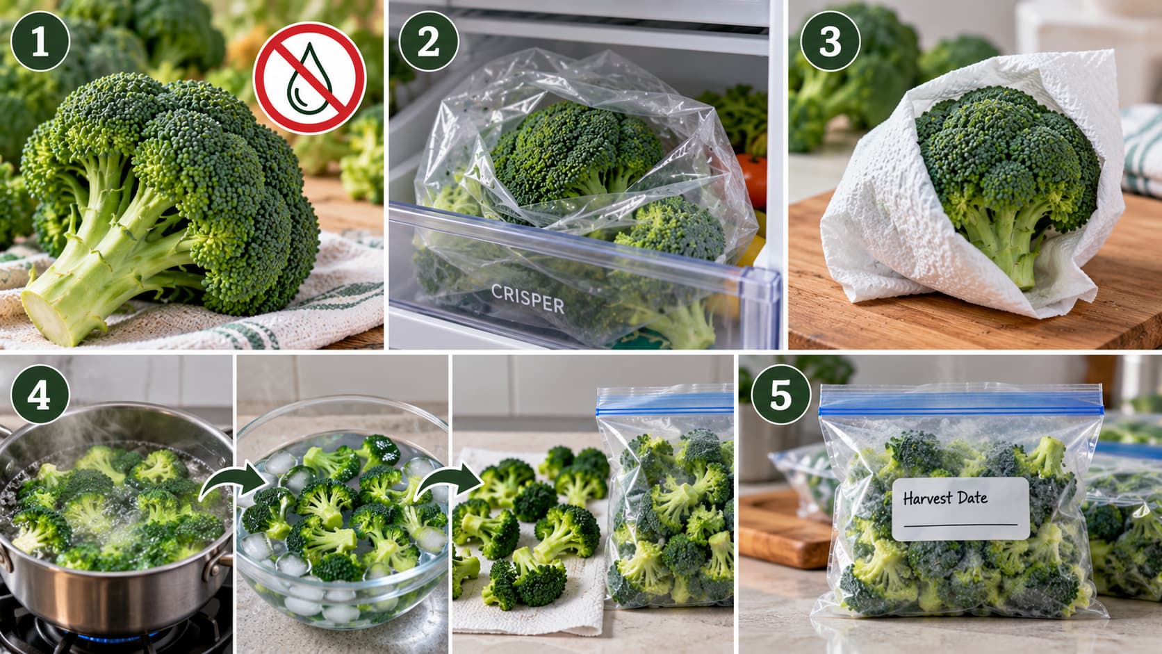 A photo guide showing how to store fresh broccoli in the refrigerator and freezer.