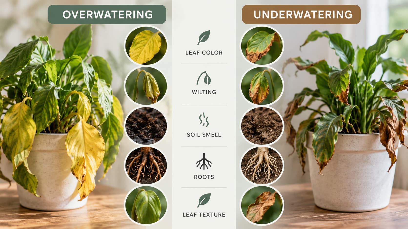 Infographic comparing signs of overwatered and underwatered houseplants.