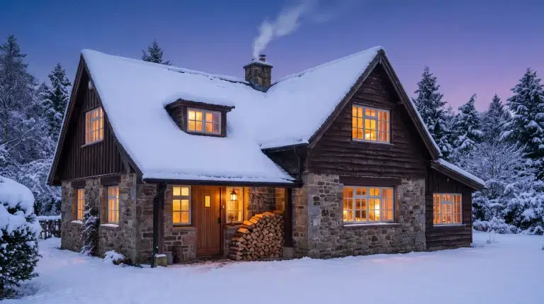 Cozy stone cabin in snowy landscape with glowing windows at twilight