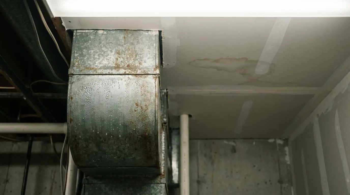 Rusty metal duct with condensation in a dimly lit basement ceiling environment