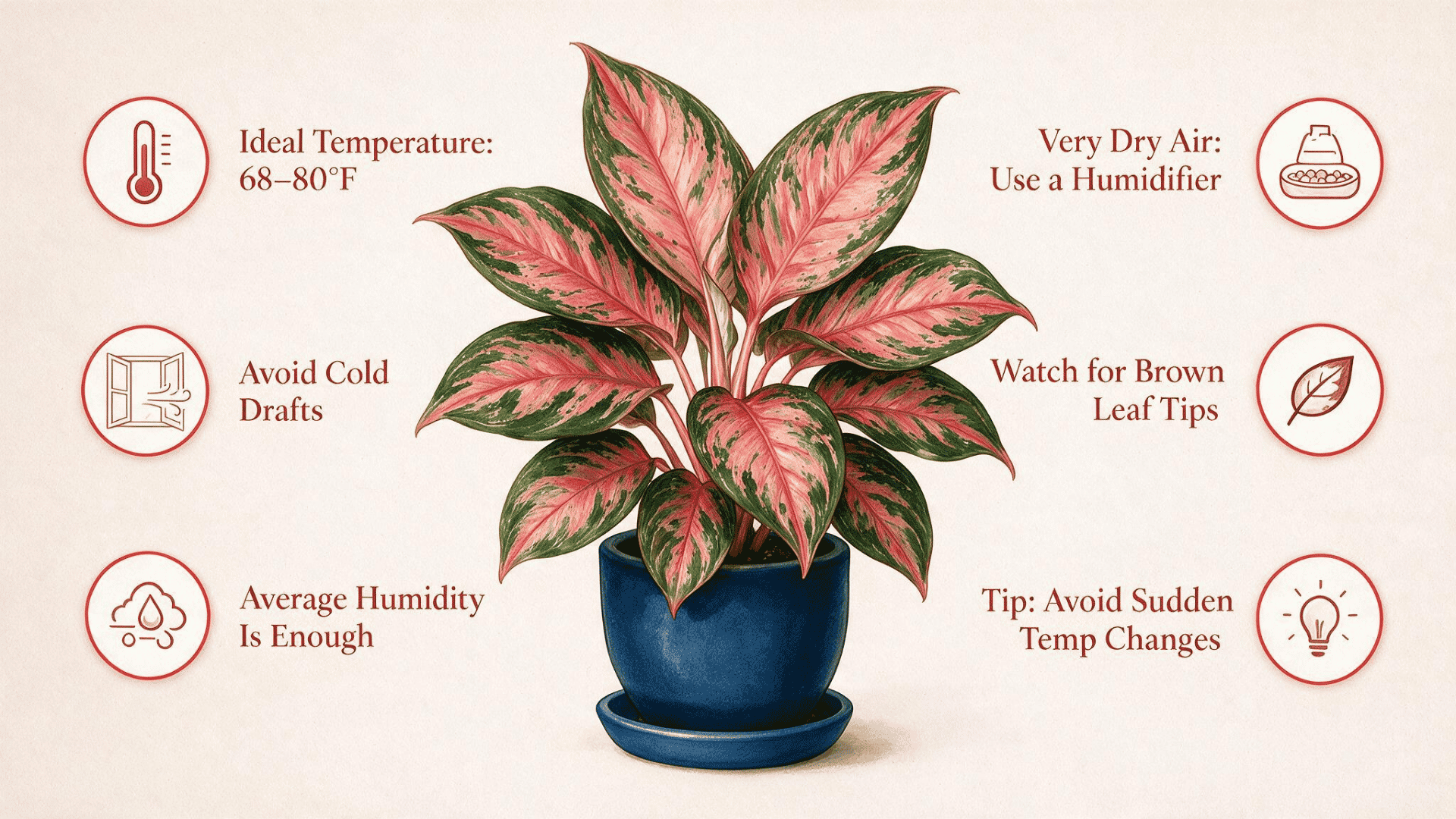 infographic of ideal growing conditions for aglaonema, covering temperature, drafts, humidity, and leaf tip care