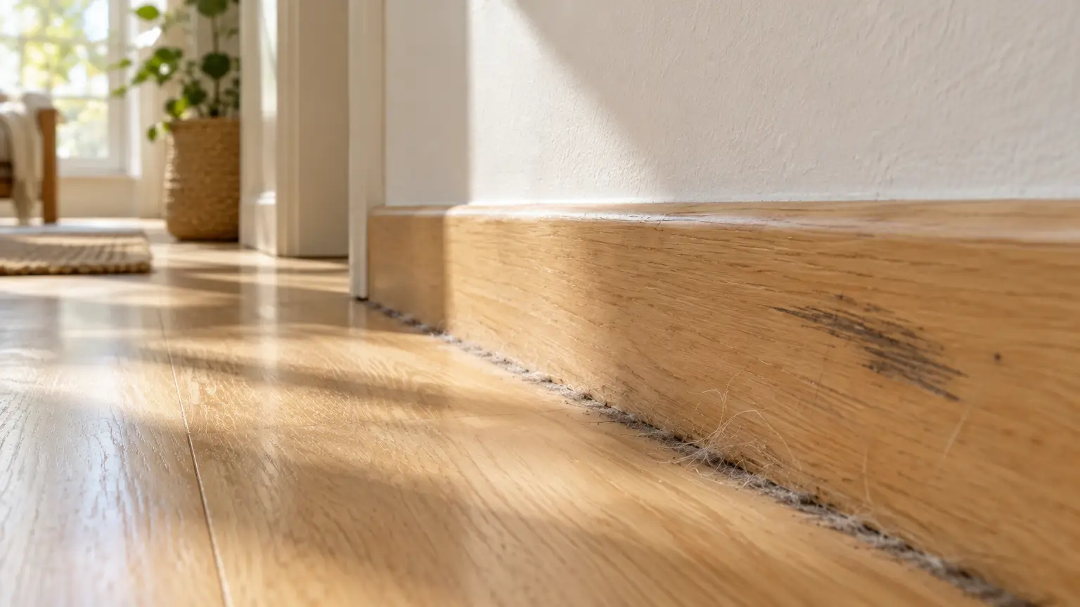 Wooden baseboard with dirt and hair accumulation on floor in sunlit room, plant in background