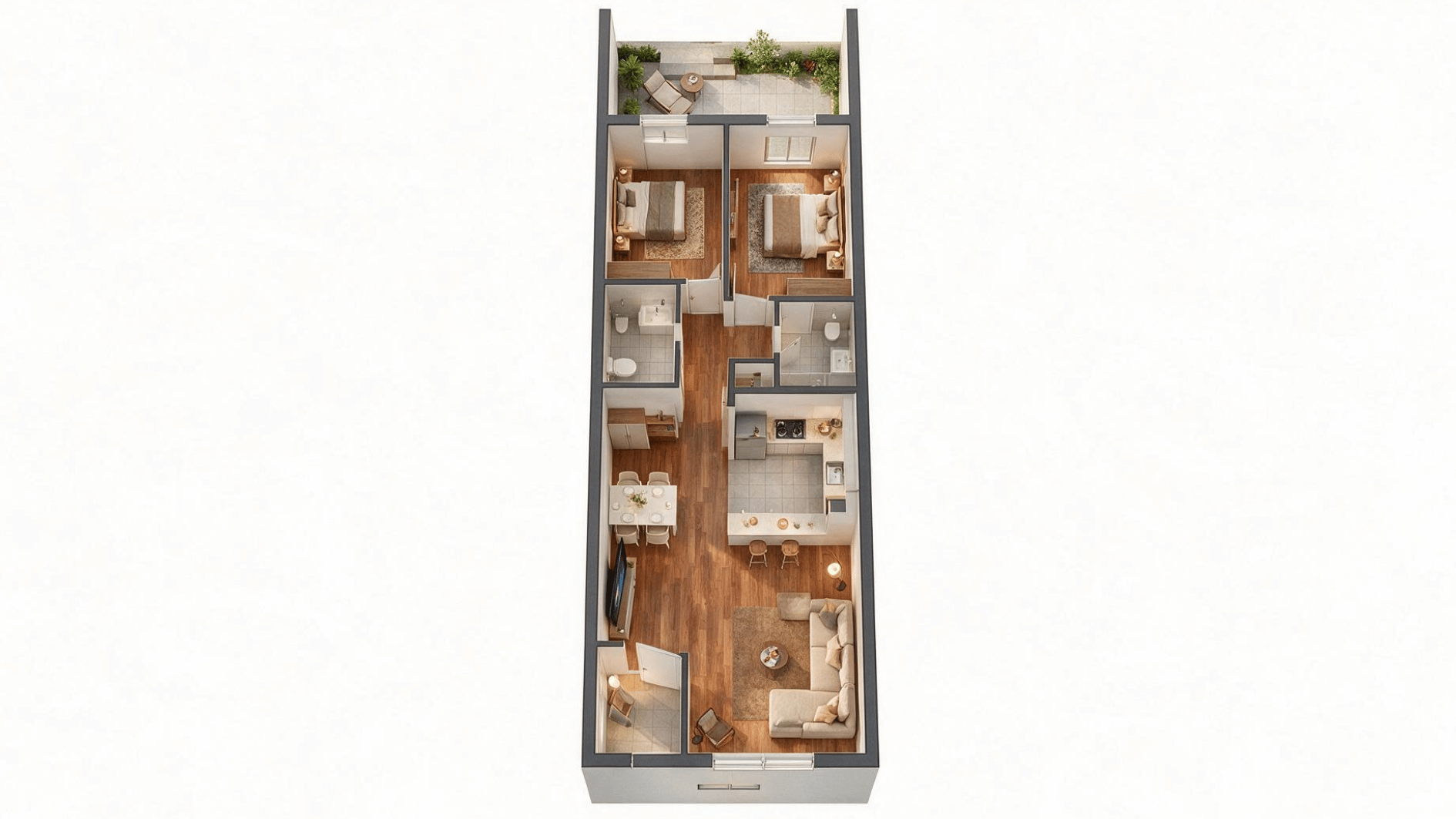 narrow-lot 3 bedroom house plan with a long rectangular footprint and rooms arranged from front to back