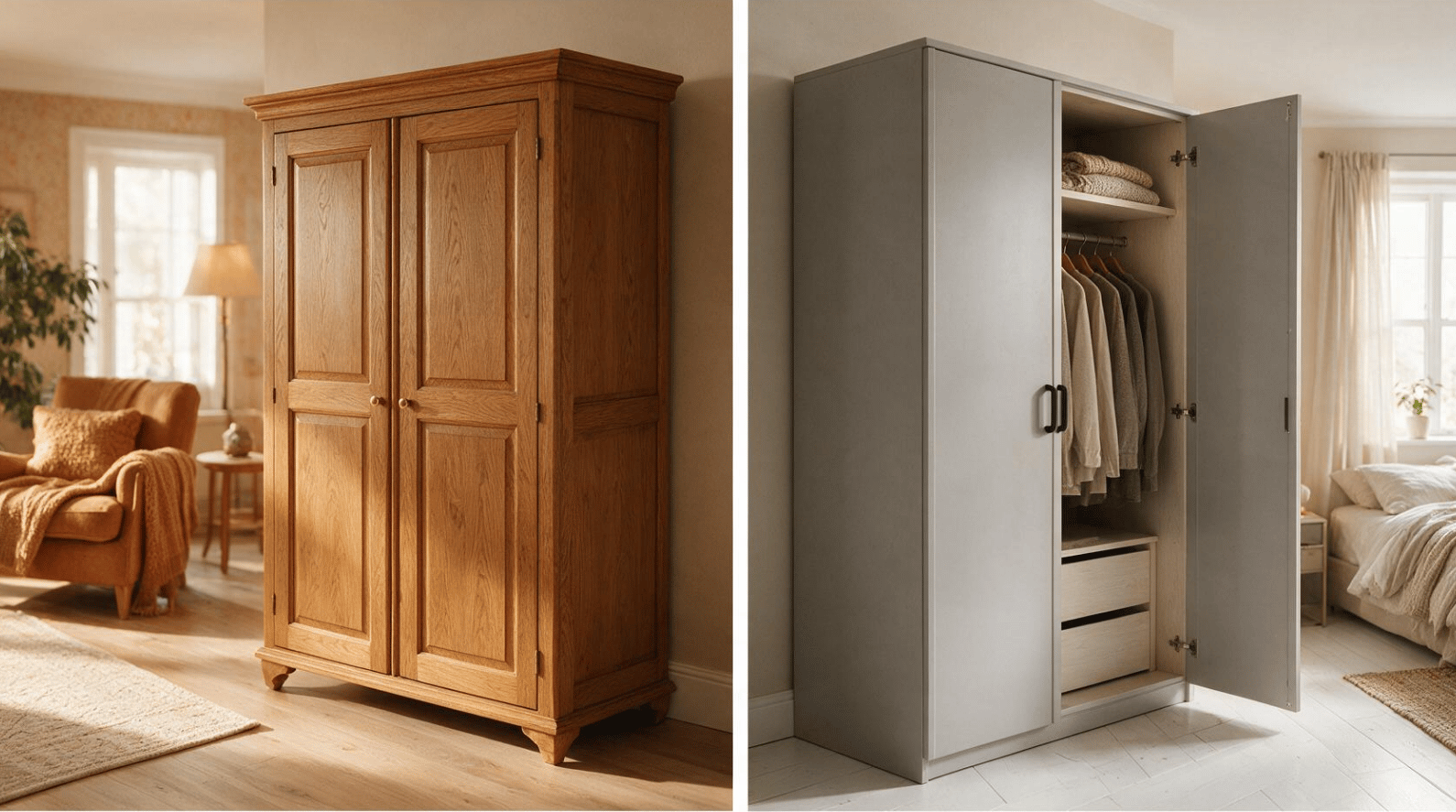 oak armoire in living room and gray wardrobe in bedroom with room-type icons below