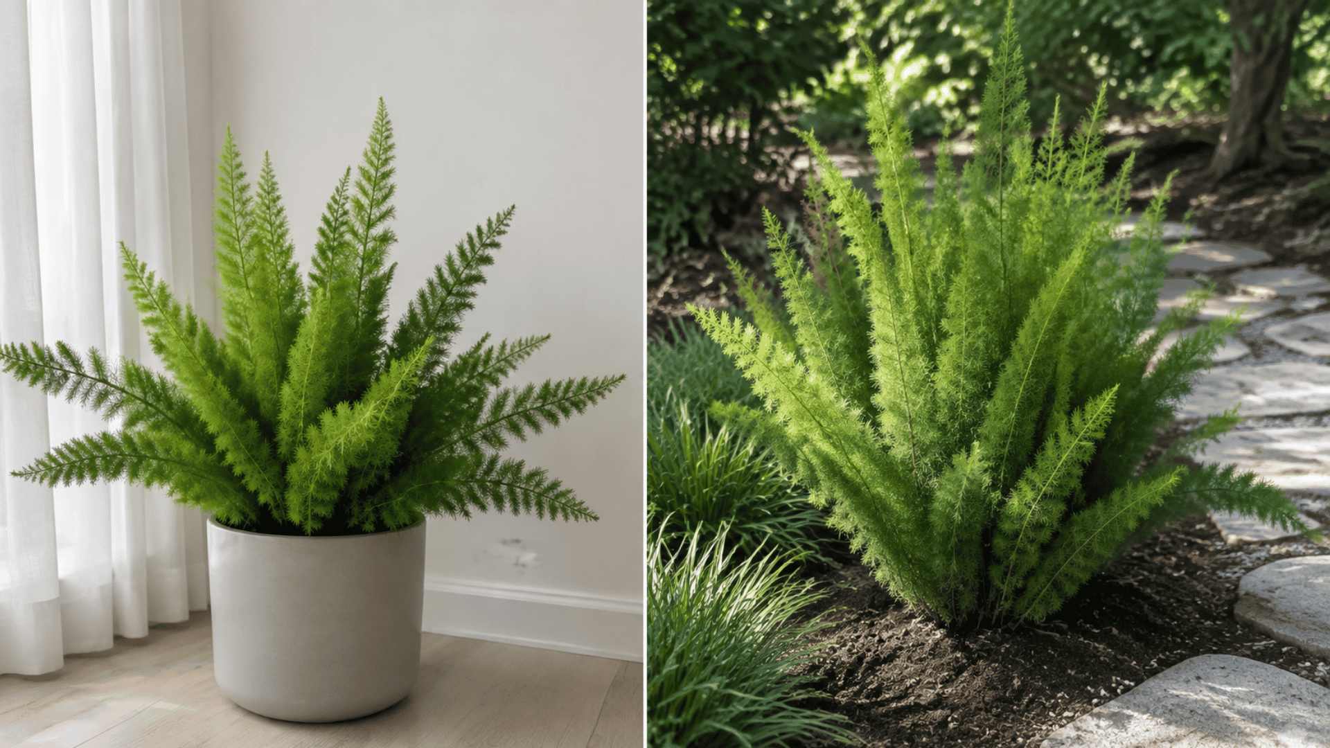 foxtail fern in a pot indoors beside a window compared to one growing outdoors along a garden path