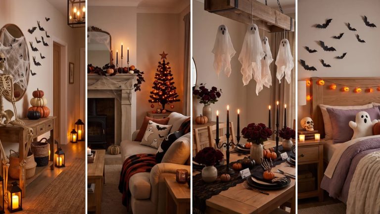 Four-panel collage displaying indoor Halloween decorations across an entryway, fireplace mantel, dining table, and bedroom.
