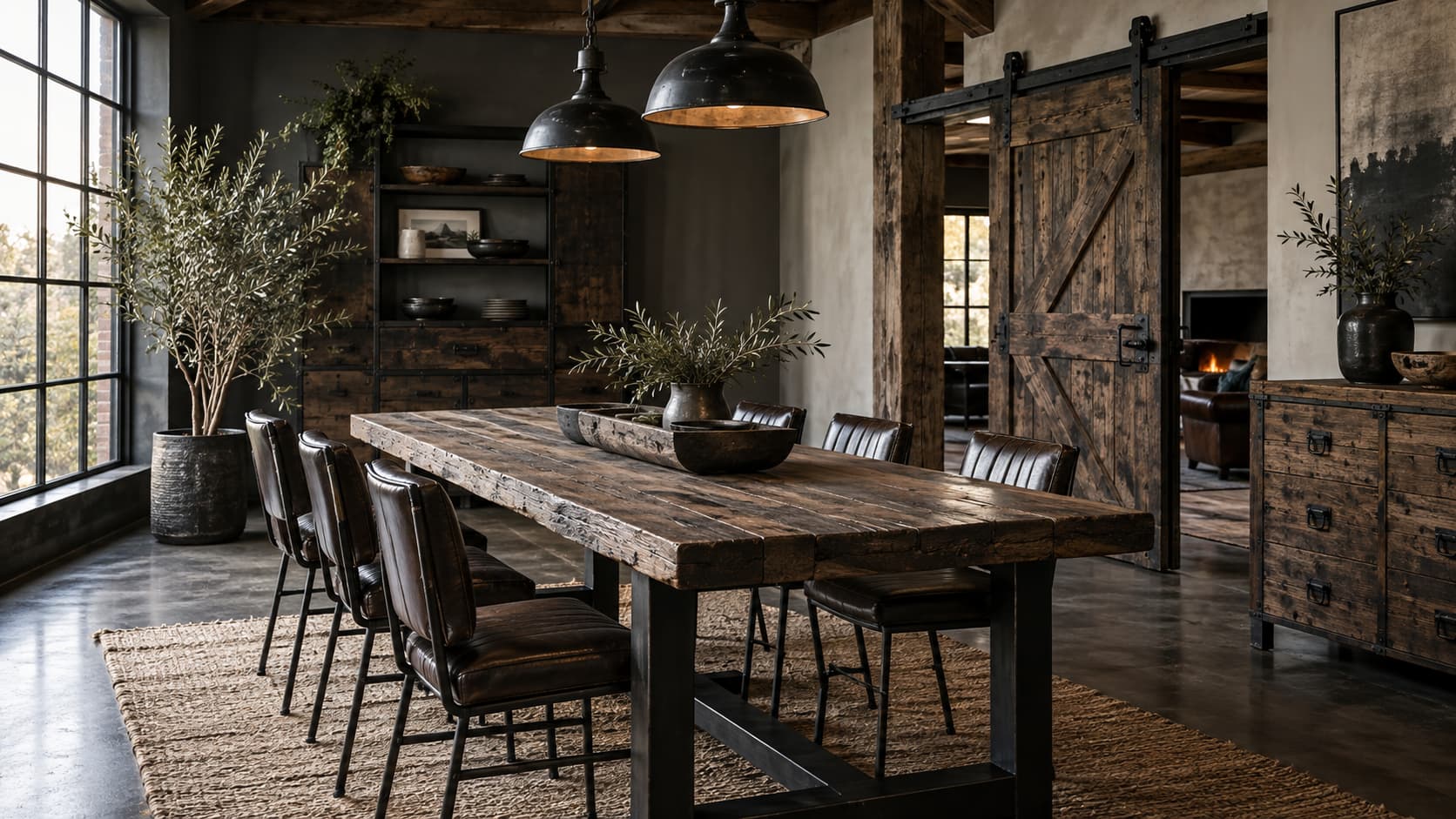 Industrial farmhouse dining area with reclaimed wood table, dark metal frame, and exposed hardware