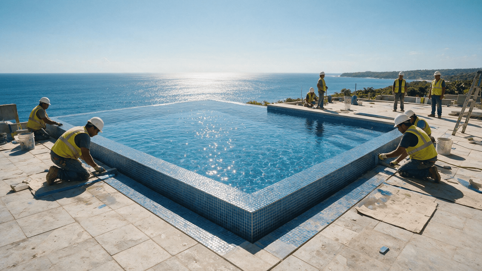 construction workers installing tile around a large infinity pool overlooking the ocean on a sunny day