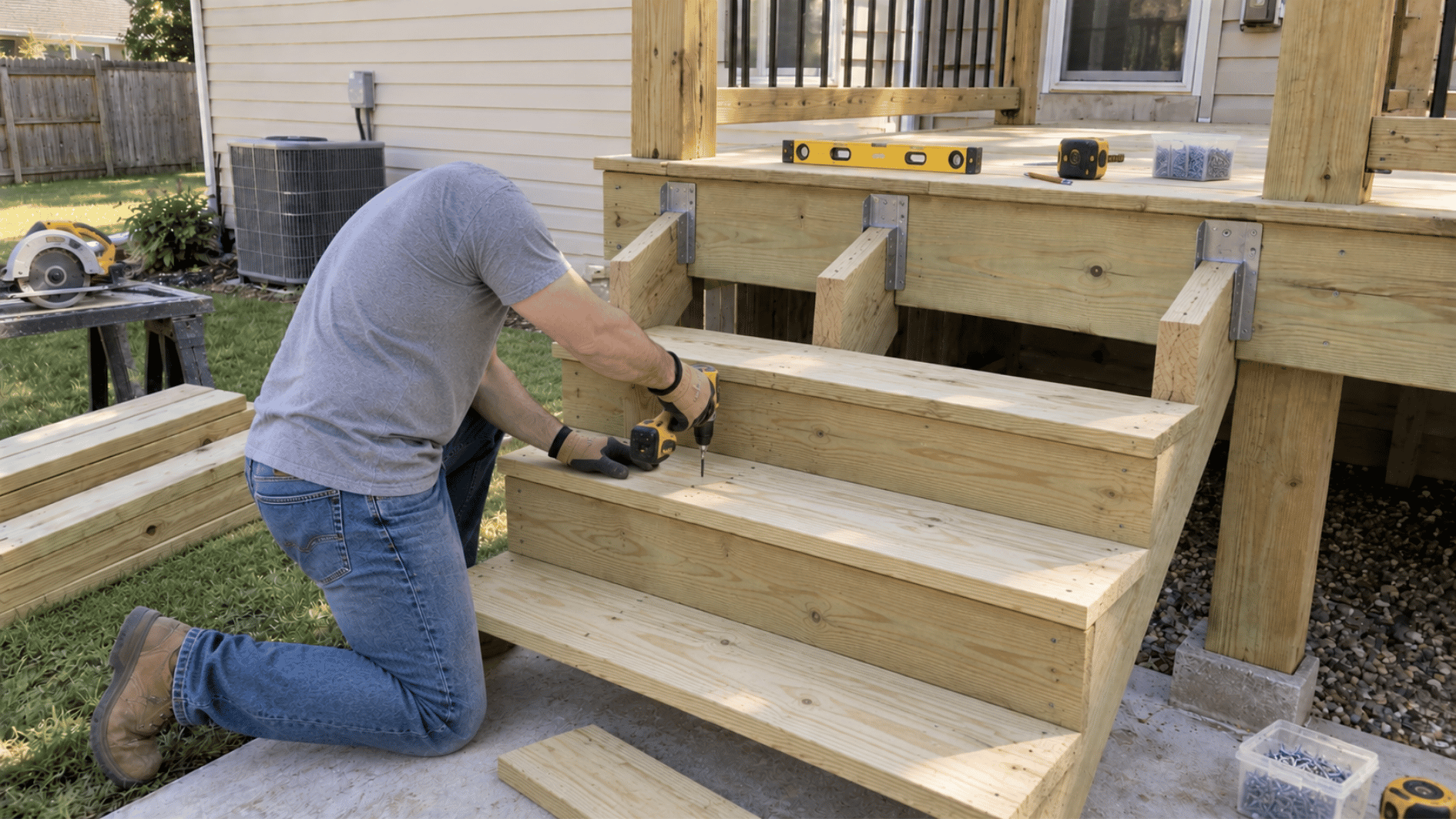 diy builder fastening pressure-treated tread boards onto installed deck stair stringers