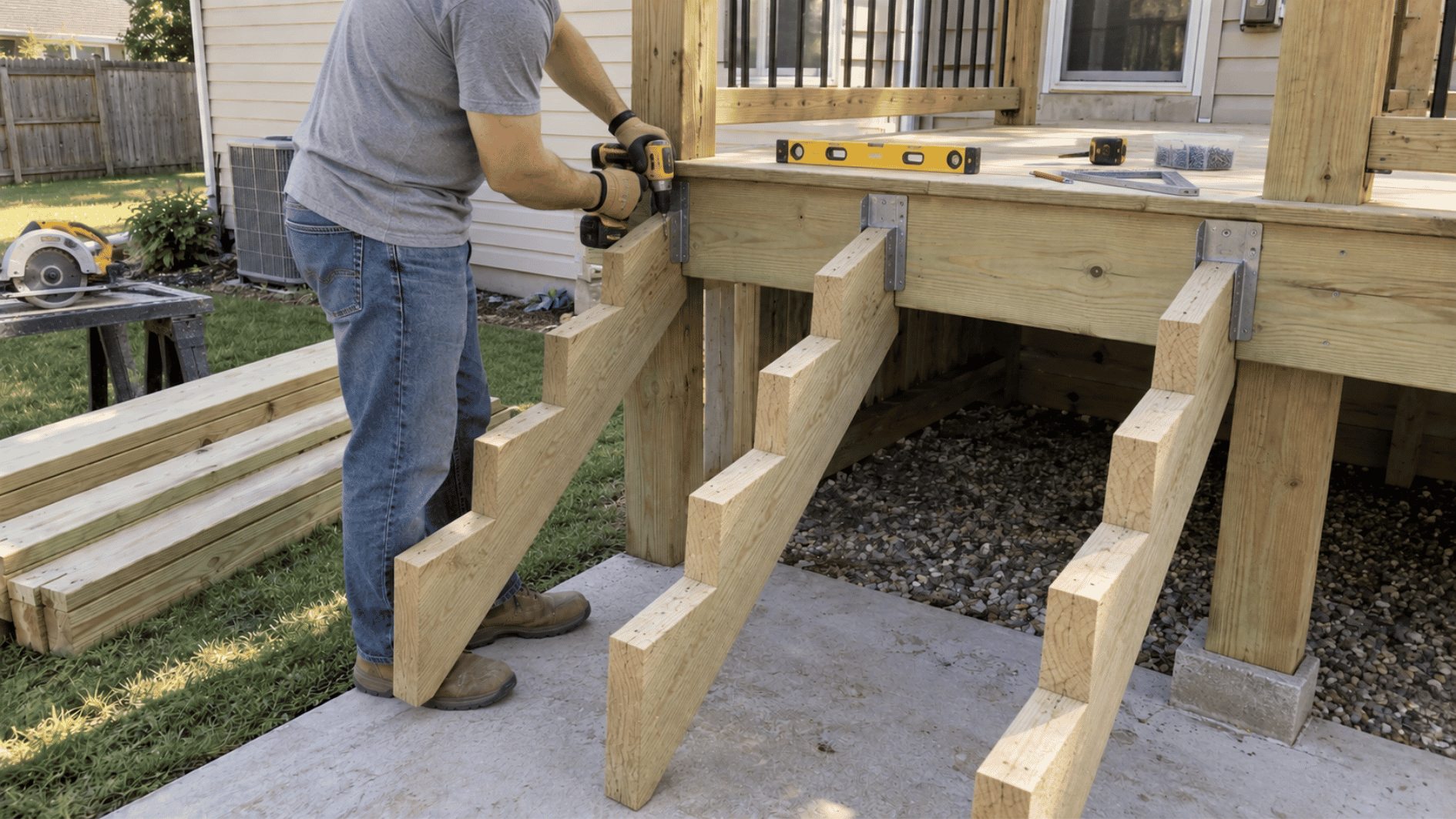 three deck stair stringers being aligned and secured between the deck framing and concrete landing
