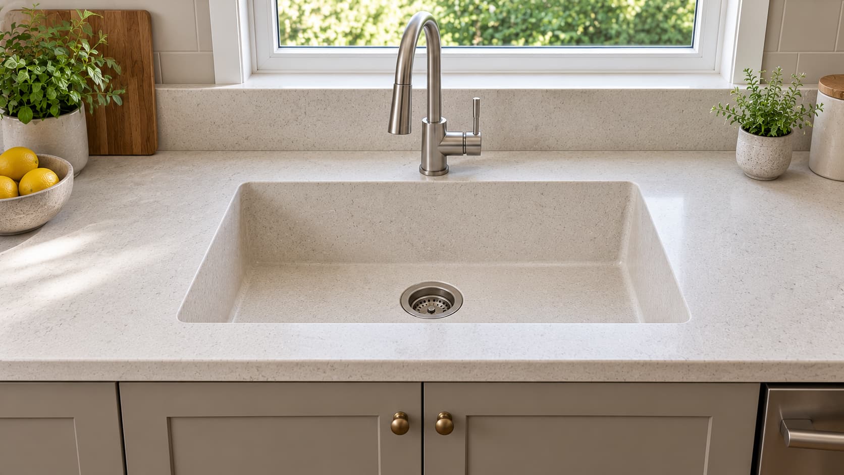 Integrated solid-surface sink seamlessly blending into the countertop.