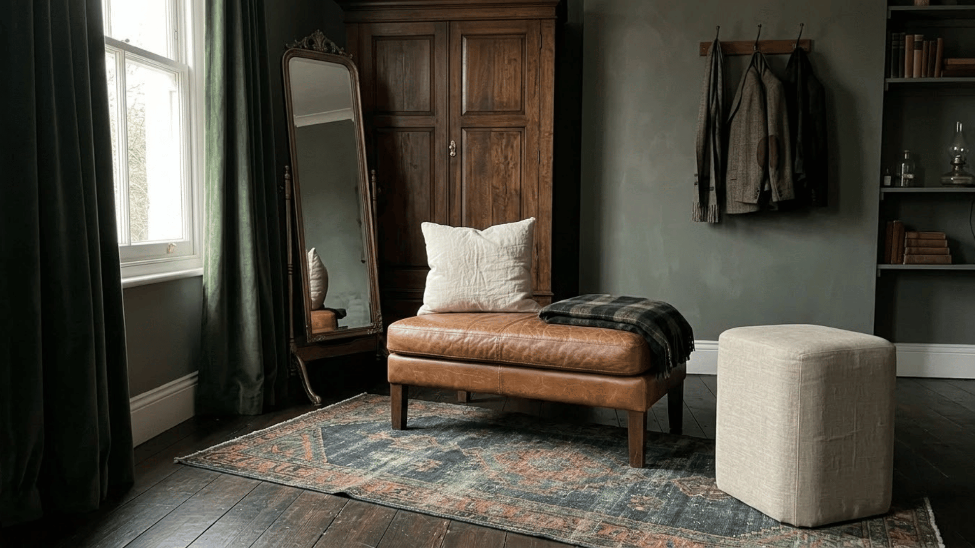 dark academia dressing room with leather bench velvet curtains wool rug and linen stool