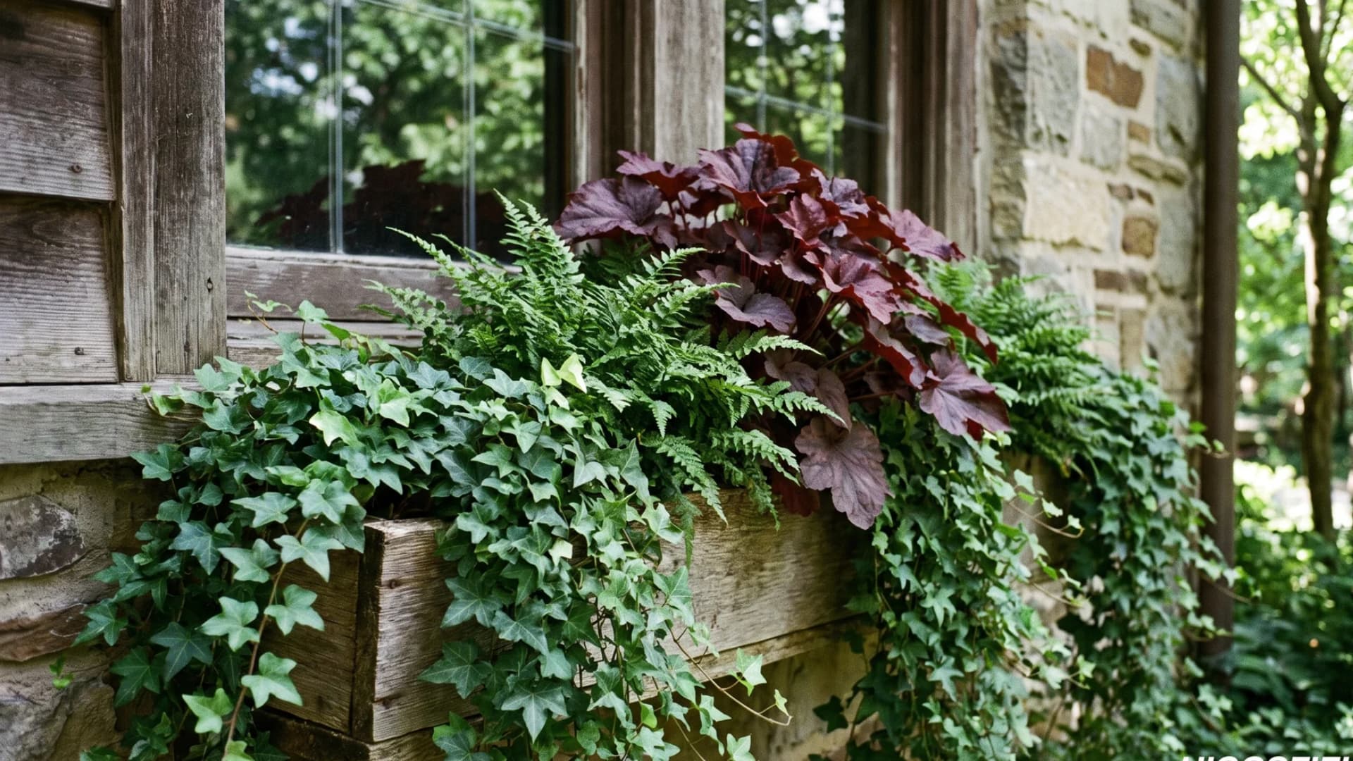 Ivy, fern, and burgundy heuchera layered in a shaded fall window box.