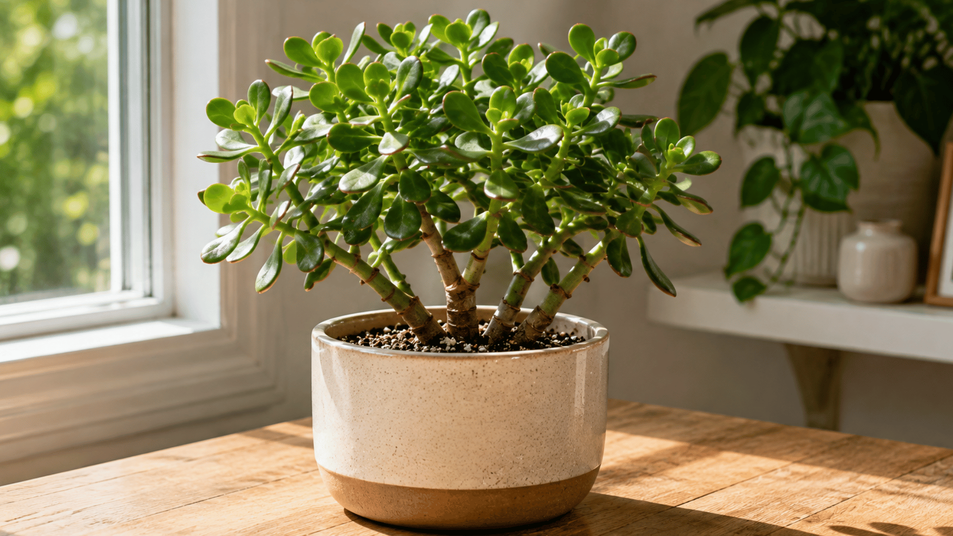 healthy indoor jade plant in a terracotta pot near a bright window with strong green growth