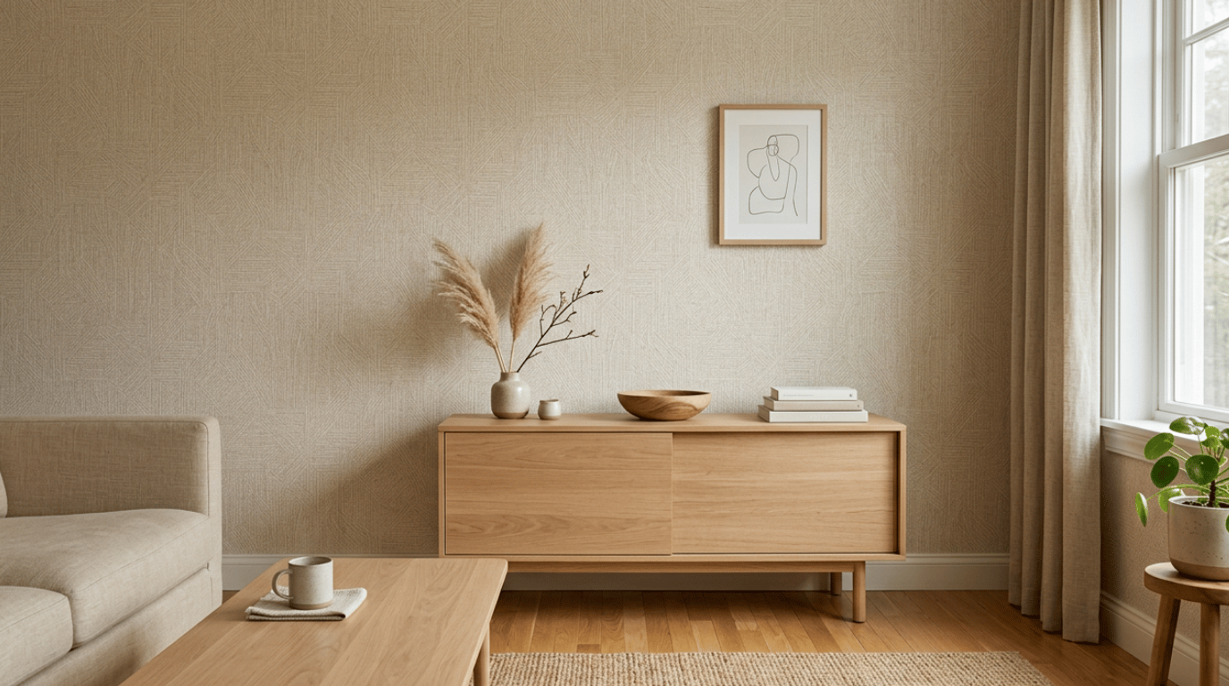 japandi wallpaper with subtle organic branches natural tones and simple forms creating a calm restrained wall