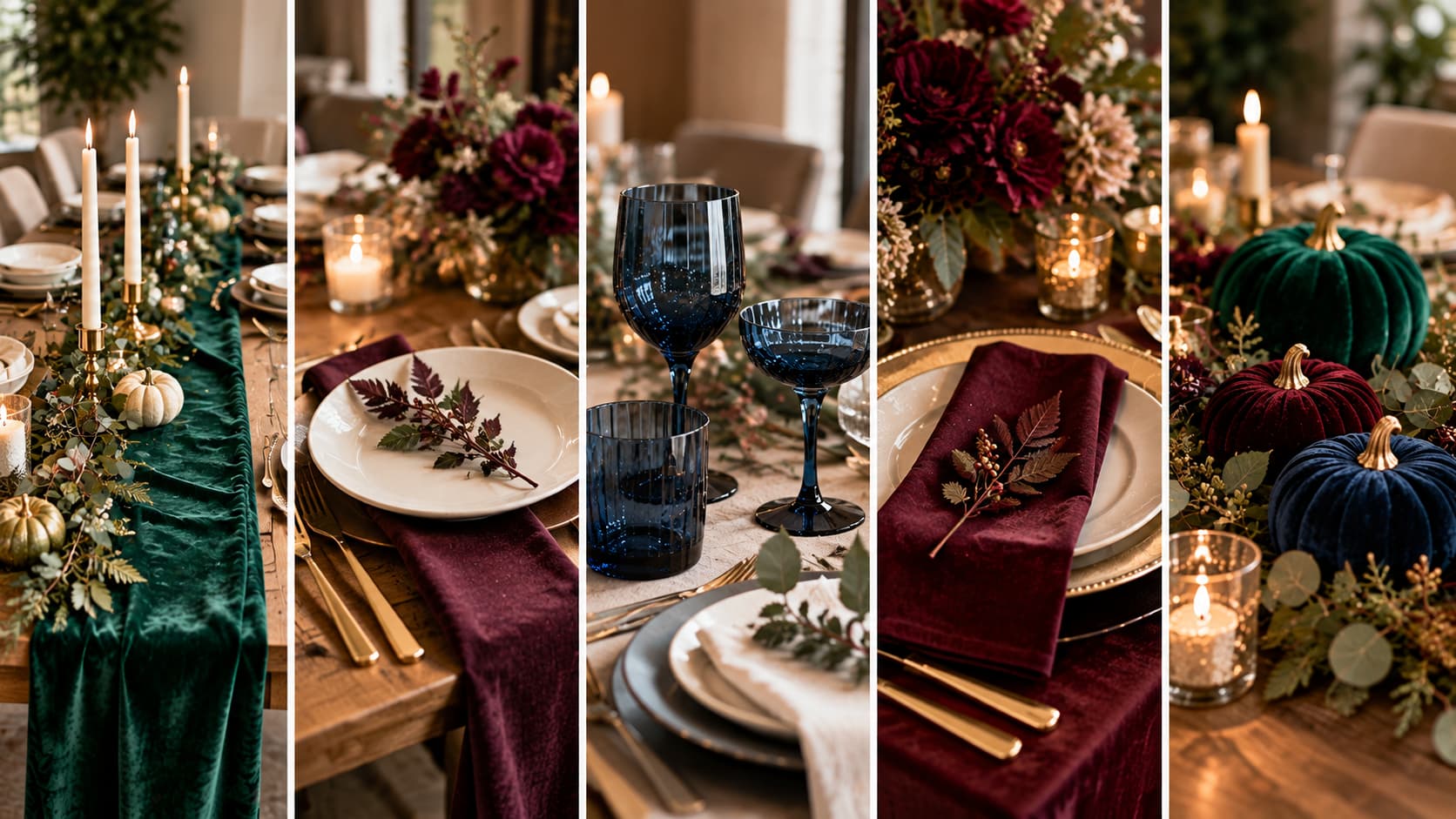 Five-panel collage showcasing jewel-tone Thanksgiving table decor, featuring an emerald velvet runner, deep aubergine napkins, sapphire glassware, and velvet pumpkins.