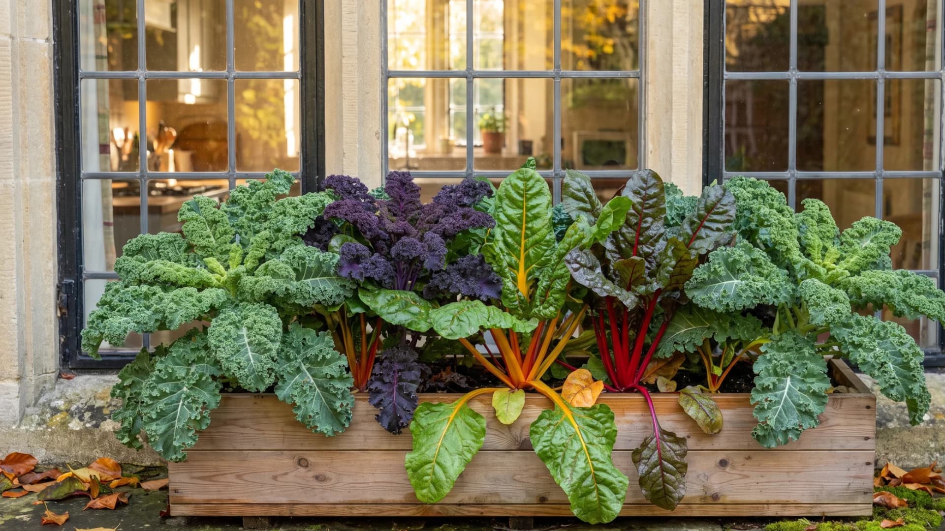 Kale and colorful Swiss chard growing in an edible fall window box.