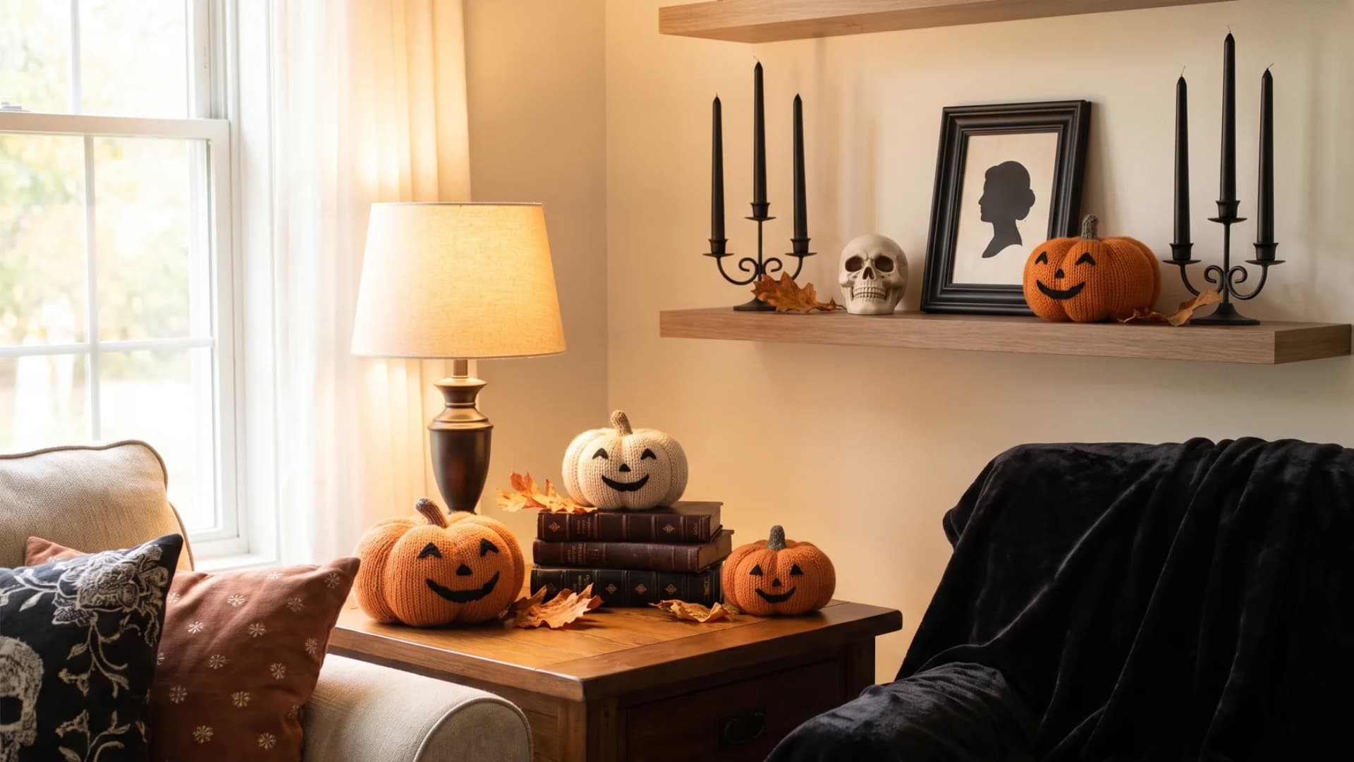 Flexible decorative corner featuring dark candles, skulls, and pumpkin accents on a side table.