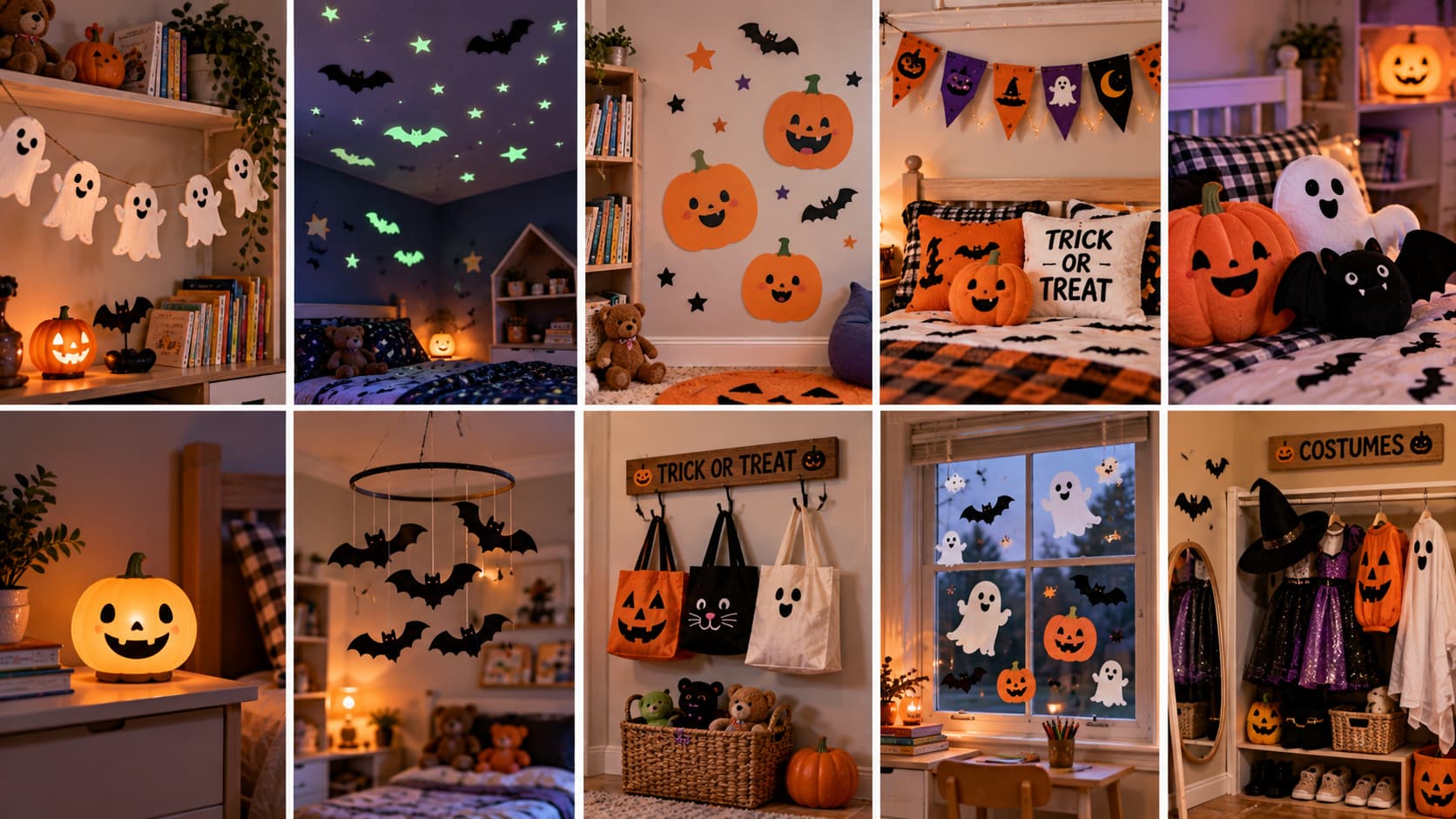 A ten-panel collage of friendly Halloween decor for kids, including a ghost garland, pumpkin night light, plush character pillows, wall decals, and a paper bat mobile.