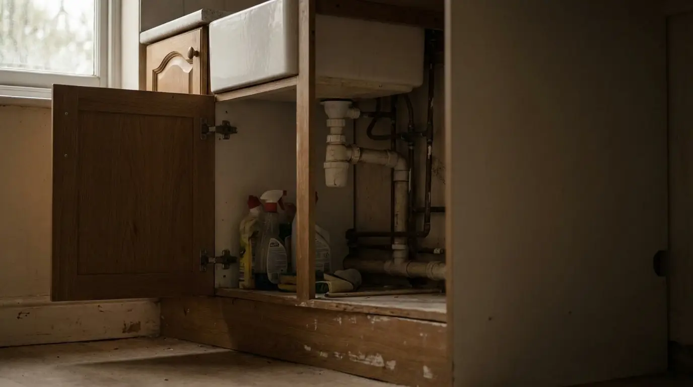 Open kitchen cabinet with exposed pipes and cleaning supplies under sink