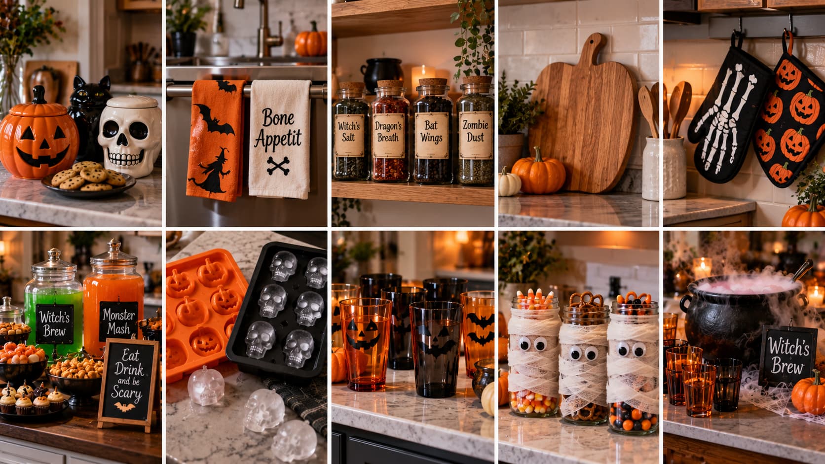 A ten-panel collage showing Halloween kitchen accents, including skull cookie jars, themed tea towels, apothecary spice jars, pumpkin cutting boards, and mummy jars.
