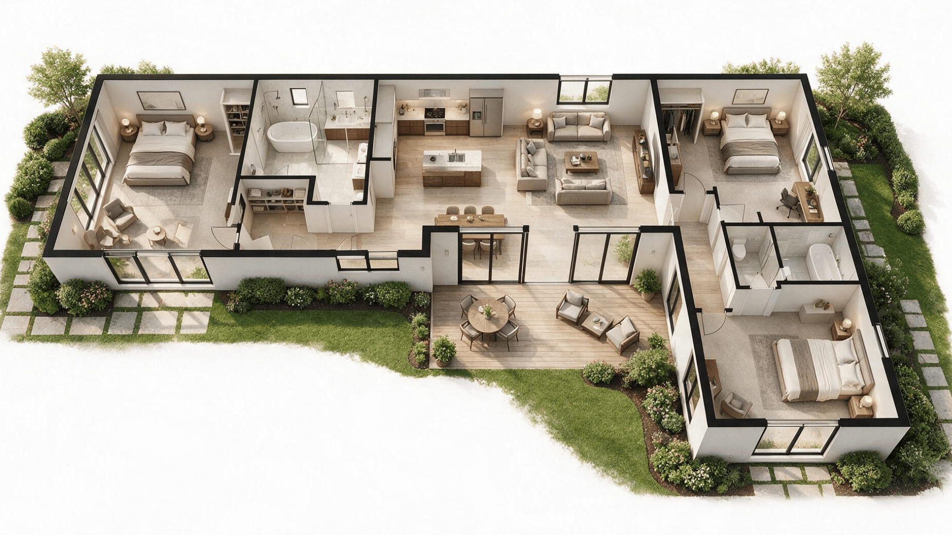 L-shaped 3 bedroom house plan with two perpendicular wings and an outdoor patio positioned in the inner corner