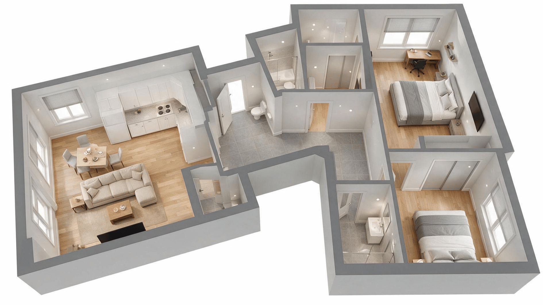 l shaped 2 bedroom apartment layout with furnished private and shared wings clearly separated