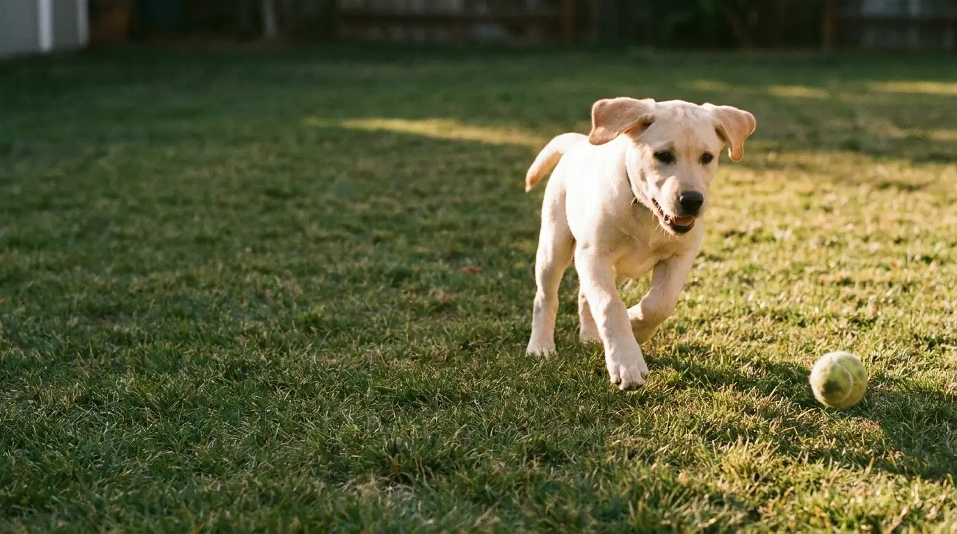 Labrador puppy chasing tennis ball in sunlit backyard lawn