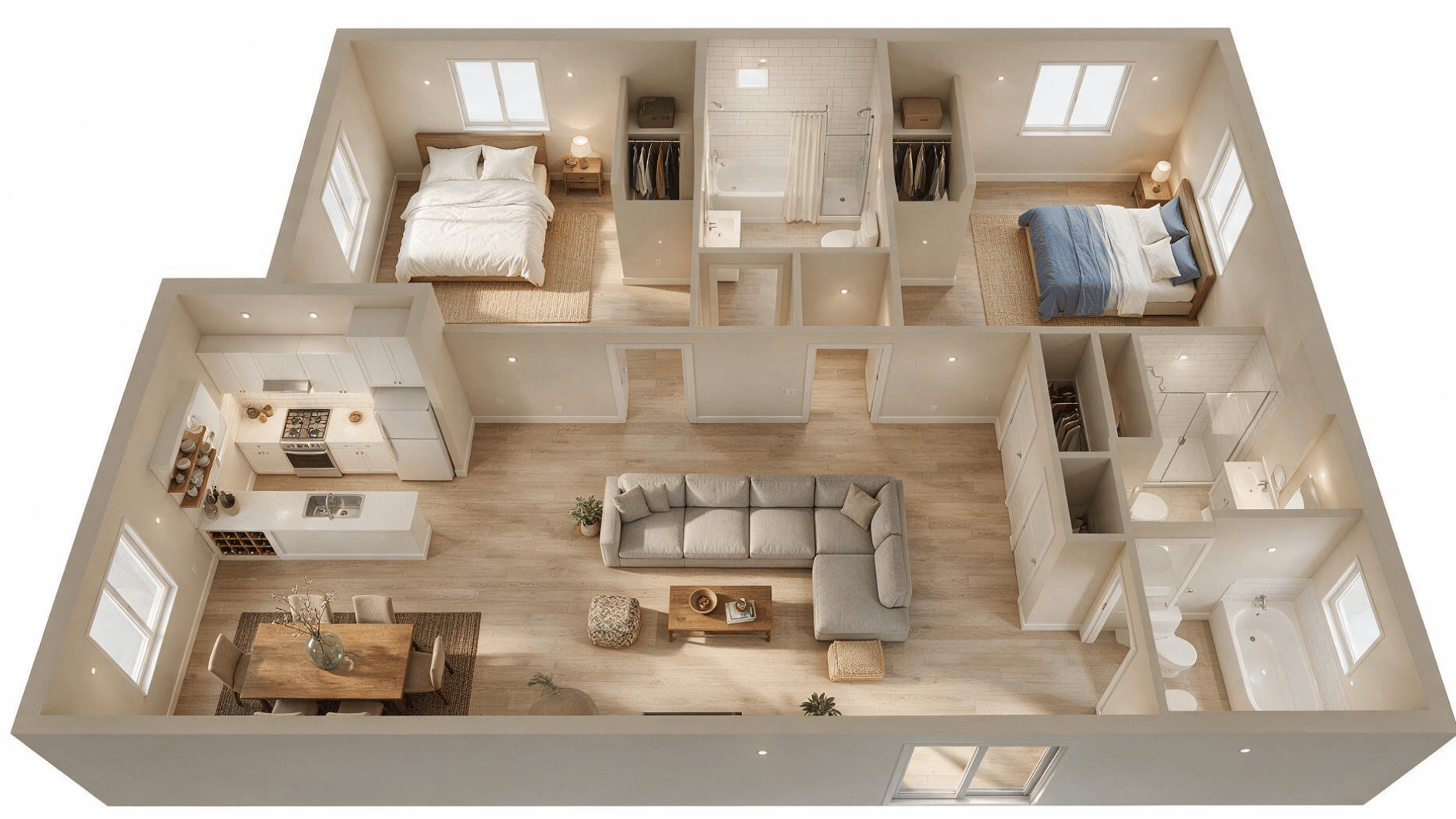 2 bedroom apartment layout with a large furnished living room and compact surrounding rooms