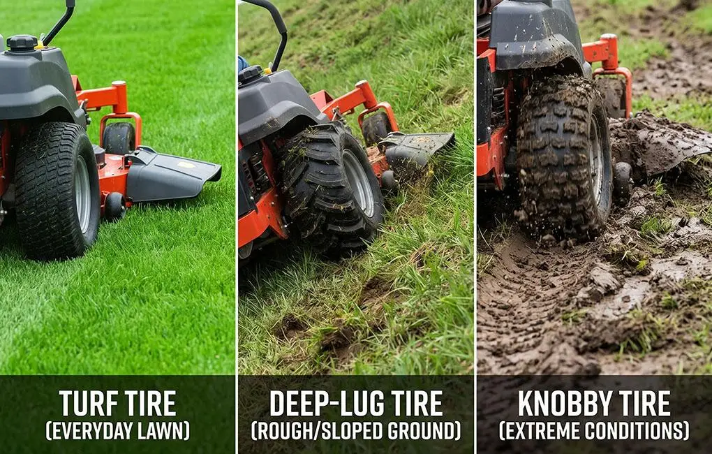 Three lawn mower tires on grass, rough terrain, and mud showing different performance conditions