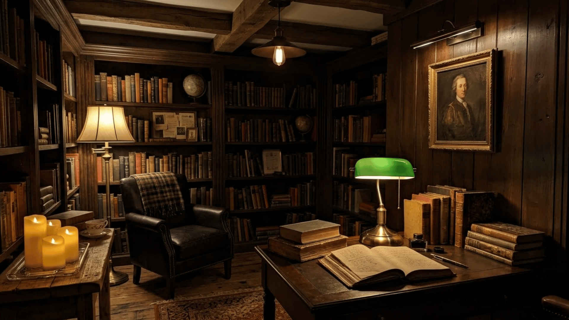 dark academia study with layered pendant desk floor and picture lighting in a warm glow