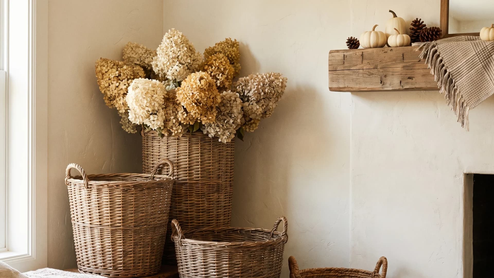 A collection of layered wicker baskets woven in varied textures, filled with dried hydrangea blooms for rustic fall decor.
