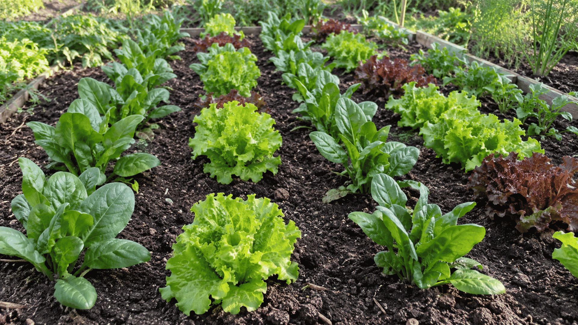 alternating rows of spinach and green and red lettuce varieties