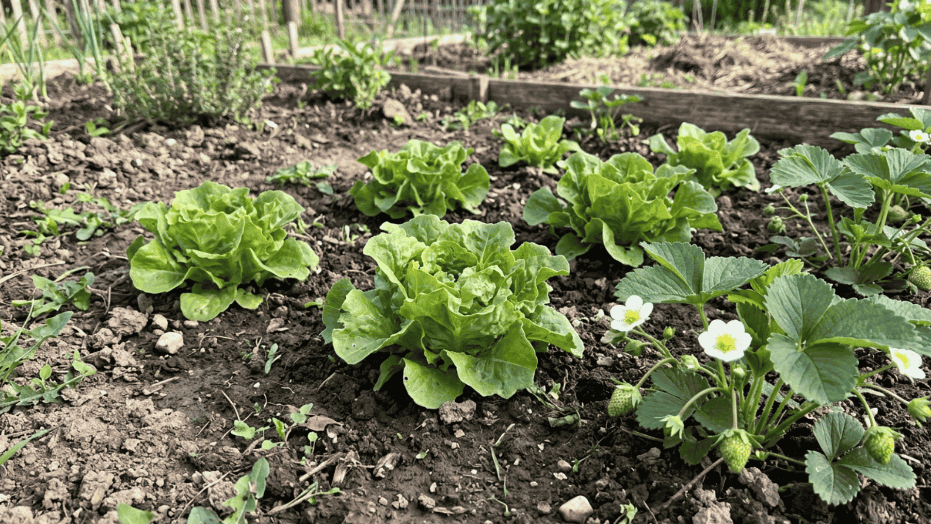 leafy lettuce growing in open soil near strawberry plants in a realistic spring vegetable garden bed