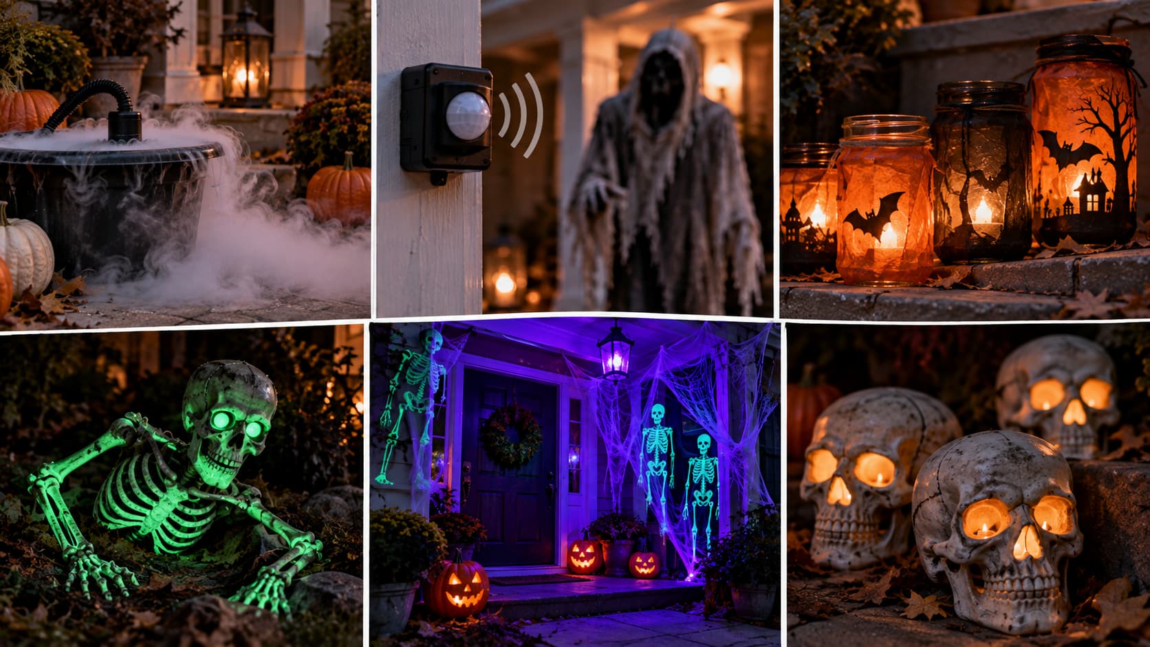 Six-panel photo grid showcasing various DIY Halloween lighting and fog effects.