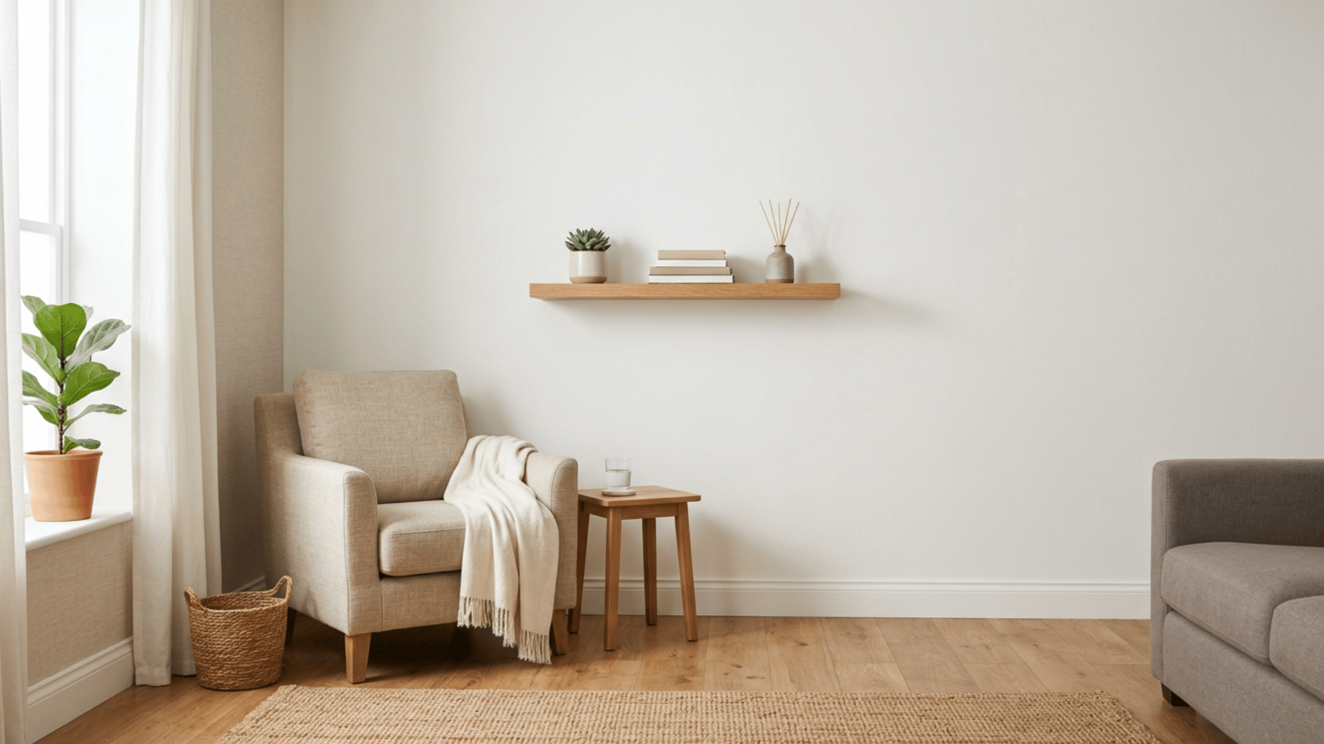 living room with cream wall, shelf, and open space for product or lifestyle photos