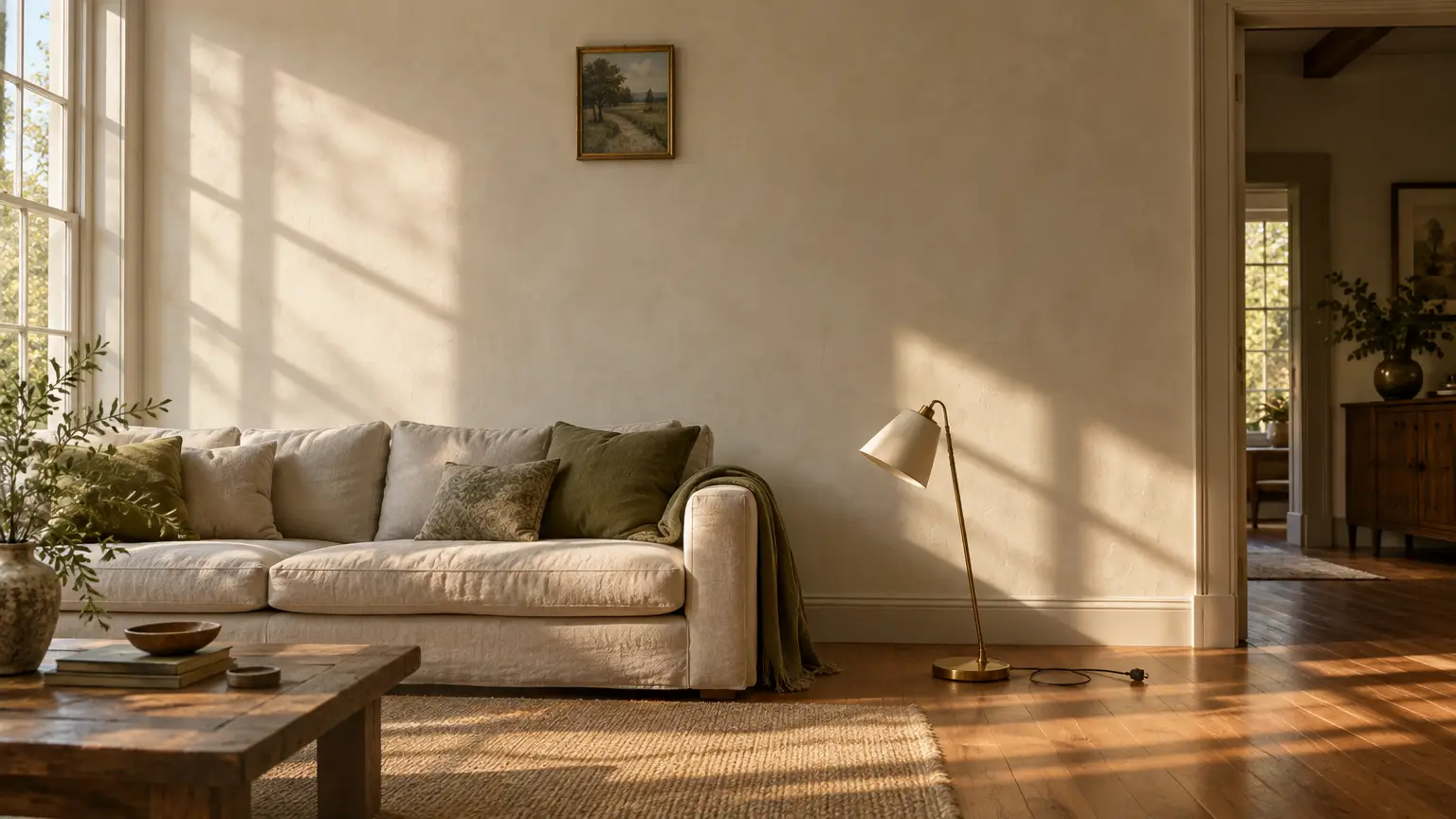 Neutral-toned living room with plush sofa, floor lamp, and wooden coffee table in natural light