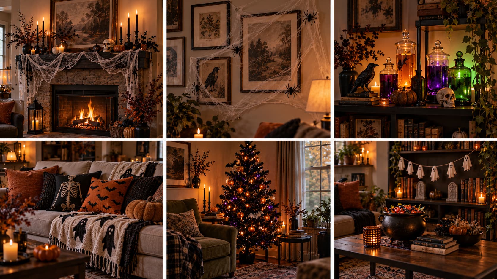 A six-panel collage featuring living room Halloween ideas, such as a decorated mantel, potion bottles, ghost blankets, themed pillows, spiderweb art, and a black tree.